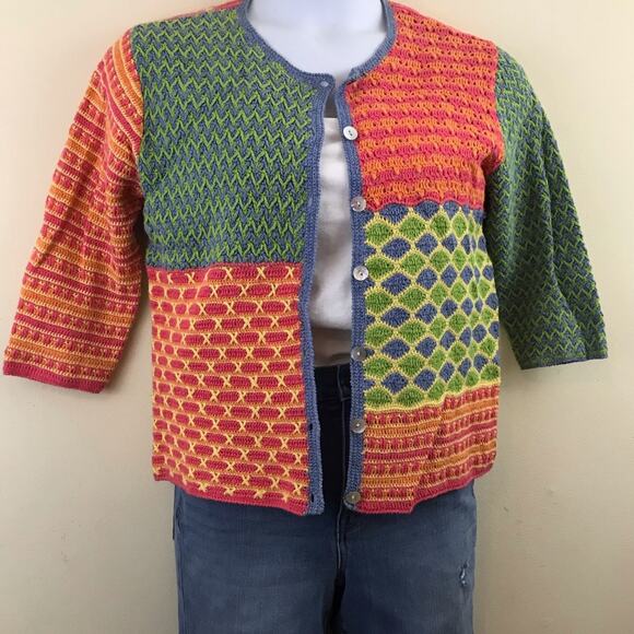 Susan Bristol Y2K 2000s Vintage Crochet patchwork Grandma cardigan sweater M - Picture 3 of 10